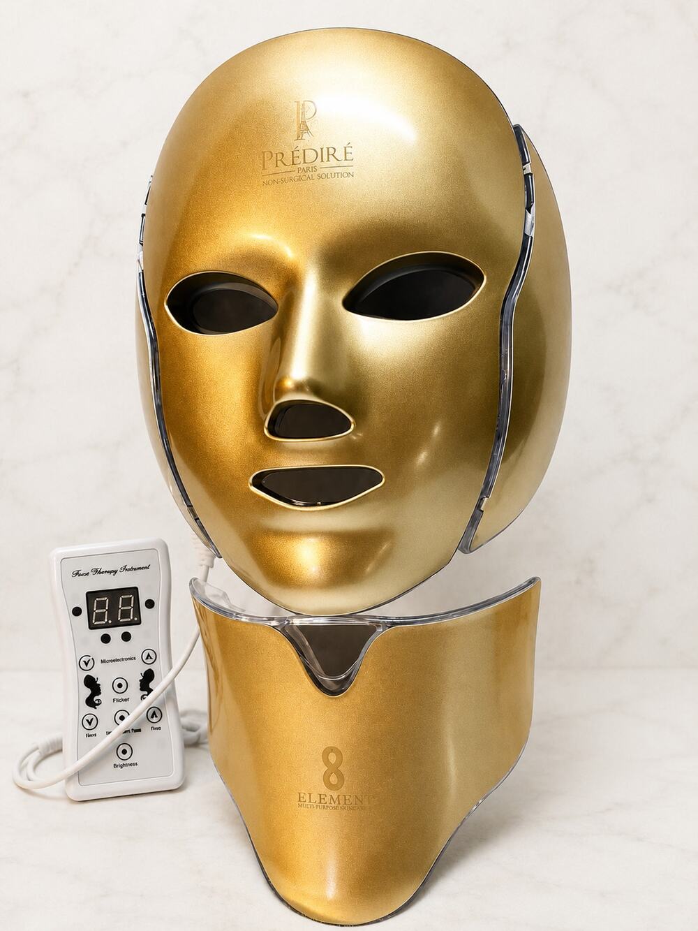 Predire Paris 8 Element LED Face Neck Skincare Mask w/ Remote NIB Gold